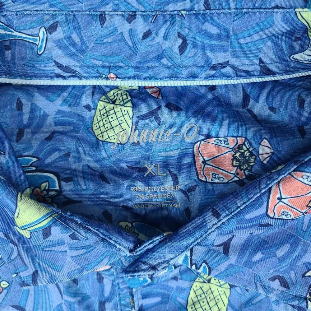 Johnnie-O Polo Shirt Mens XL Blue Tropical Drink Hawaiian Performance Golf